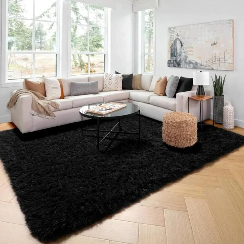 Black Washable Modern Fluffy 4x6ft Shag Area Rug Carpet for Home & Bedroom Decor